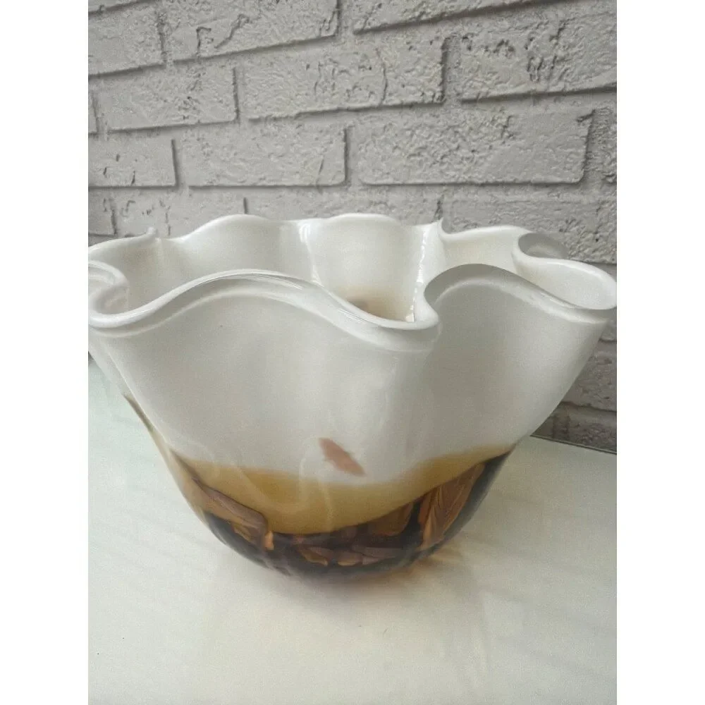 VTG Murano Art Glass White Amber Gold Flecks Large Bowl